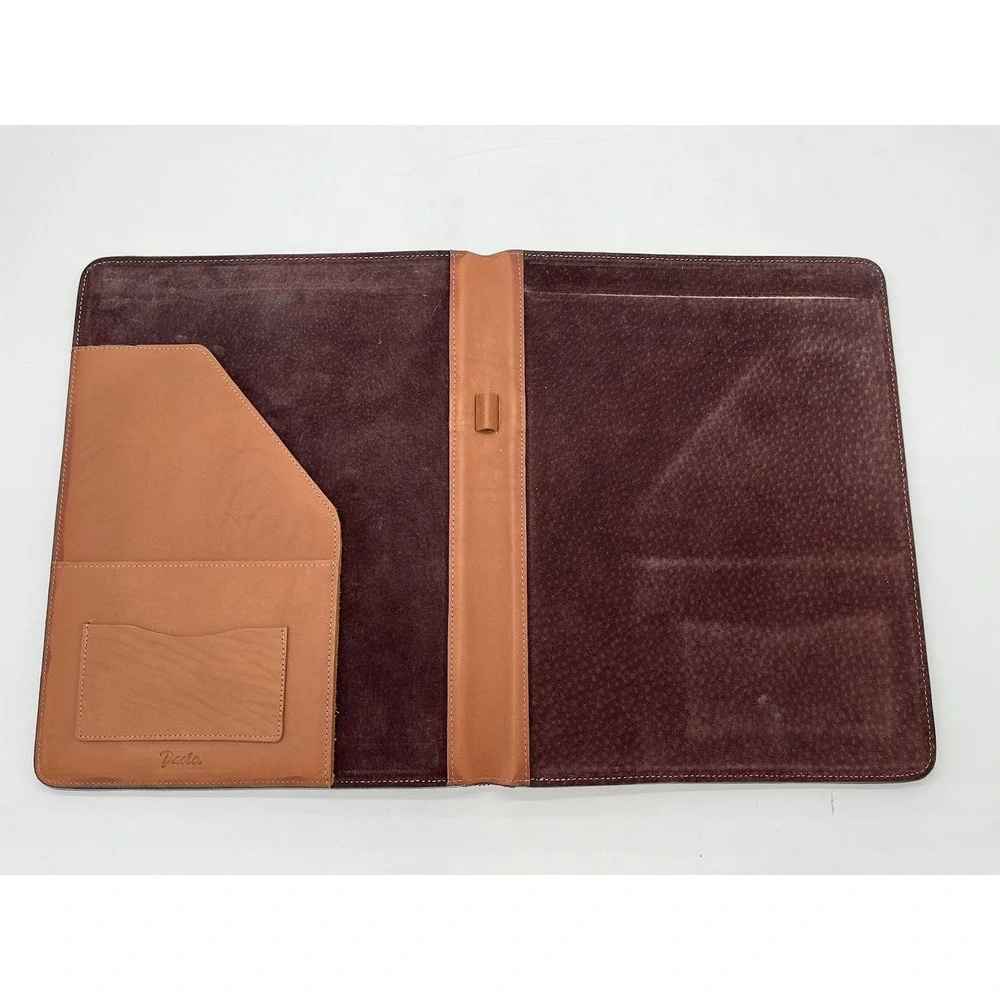 Paolo TAN BROWN REAL LEATHER ATTACHE PAPER HOLDER Used VTG 10x12.5